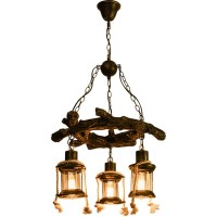 Loft Vintage Kronleuchter kreative Antik Holz Anhänger Lampe Hanfseil 3flammig Rund Glas Metall Bronze Dekorativer