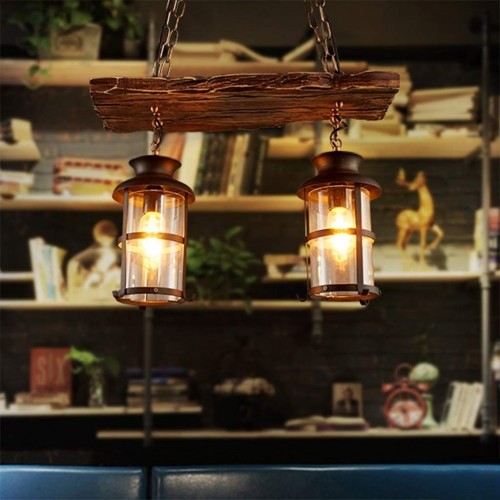 Retro Hängeleuchte aus Holz Industrielle Vintage Pendelleuchte Innenbeleuchtung Loft Kronleuchter Eisen und Glas Lampenschirm Höhenverstellbar Design Pendellampe für Esszimmer Bar Wohnzimmer leuchte