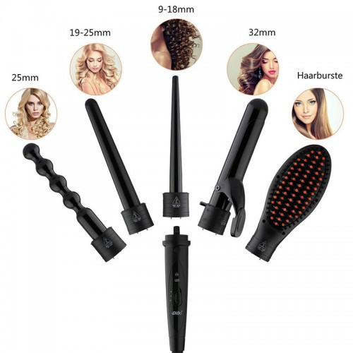 5 in 1 Lockenstab Curler Haare Locken Curly Hair Curling Iron mit Keramikbeschichtung Haarbürste 5 Aufsätzen(Zylinder Konisch Perle Glättungbürste) EU Stecker Schwarz 10mm-32mm