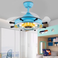 Led Unsichtbare Deckenventilator Lichter 36 Zoll Blau Piratenschiff Lenkrad Einziehbare Deckenventilator Kronleuchter für Wohnzimmer Schlafzimmer Esszimmer Deckenventilator Lampe