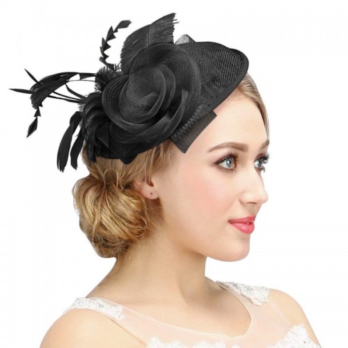 Womens Feather Mesh Net Sinamay Fascinator Hut mit Haarspange Tea Party