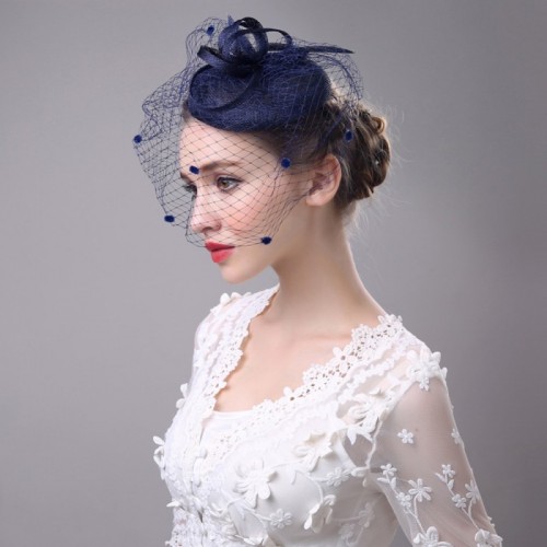 Klassische Damen Hochzeit Fascinator Und Hüte Schleier Gepunktete Haarspange Grau Schwarz Navy Leinen Dinner Party Kirche Frauen Haar Kopfschmuck