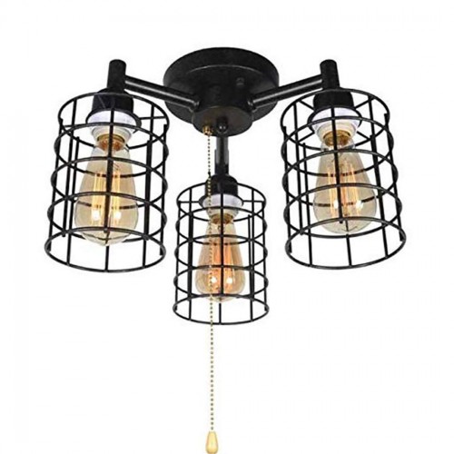 Industrielle Deckenleuchte mit Zugkette, Metalldrahtkäfig, halbbündige Deckenbeleuchtung Steampunk Pull String Light Fixture 3 Lights