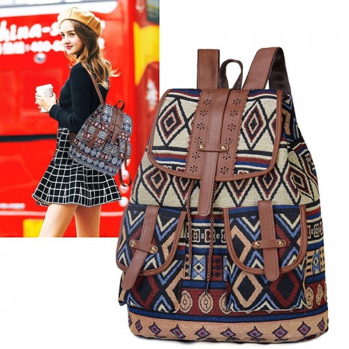 Ethno-Stil Retro-Muster Rucksack Canvas Damen Tasche Mode Persönlichkeit Reise Kordelzug kleiner Rucksack