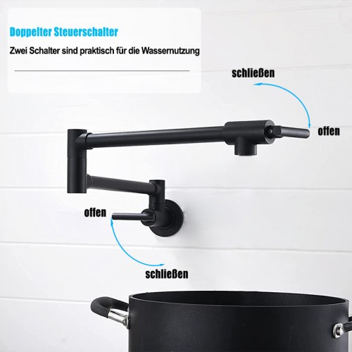 Messing Made Wandhalterung Folding Küche Pot Filler, Retractable Single Hole Modern Mattschwarz Pot Filler mit zwei Griffen, dehnbar Industrie Mattschwarz Pot Filler für Spüle Herd