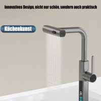 Küchenarmatur mit Temperaturanzeige, Wasserfall-Küchenarmatur，multifunktionale Küchenarmatur mit Pull-Down-Sprüher, 360° drehbarer Küchenspülen-Wasserhahn, drei Wasserauslauf-Modi, Pistolengrau, Chrom, Weiß